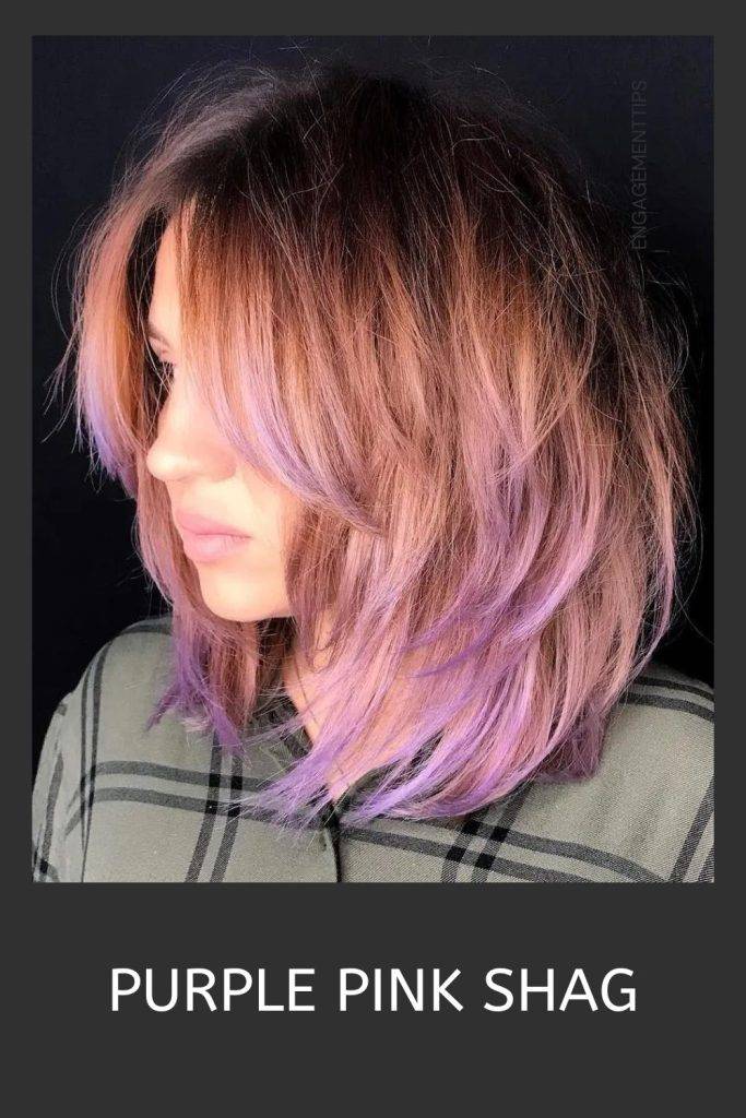 Woman in brown and black check shirt and purple pink shag haircut - shaggy haircuts 2022