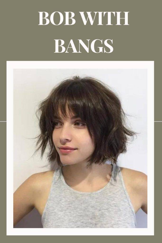 woman in grey tank top and Bob with Bangs hairstyle -  short hairstyles for women