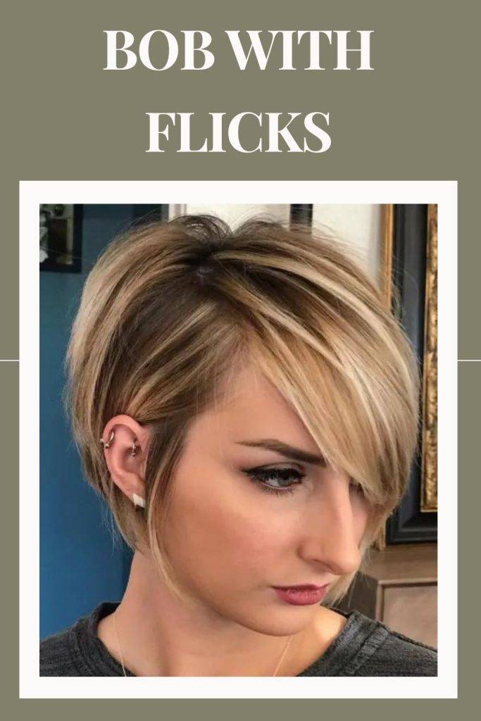 Women in grey round neck top showing the side view of her bob with flicks hairstyle - graduated bob hairstyle